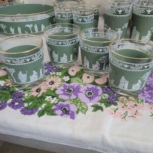 Vintage Short Jeannette Glasses Set Of 4 Hellenic Green Jasperware Gold Rim